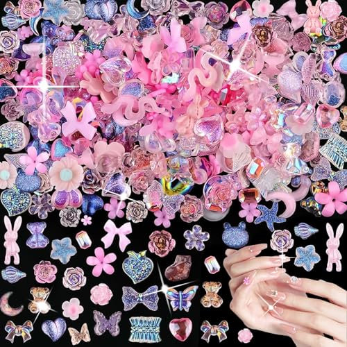 Pink Nail Bow Charms Kit, 400Pcs 3D Nail Decorations for Nail Art, Multi-Shape Nail Accessories Including Bows, Hearts, Stars for DIY Crafts and Nail Designs