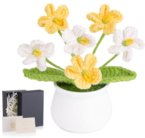 LAIDANLA Crochet Forget Me Not Flower, mini planta en maceta amarilla degradada, regalos hechos a mano para mujeres, profesores, cumpleaños, graduación, Navidad, oficina, hogar, decoración de coche