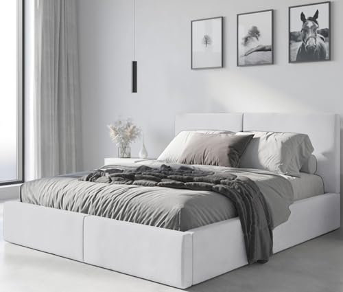 Interbeds Lit rembourré Double avec Coffre sommier Cadre de lit tapissé (Blanc, 180x200)