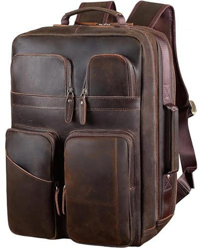 TIDING 17.3 Full Grain Leather Backpack Mens Laptop Bag Multi Pockets Casual Daypack Business Travel Rucksack, Brown