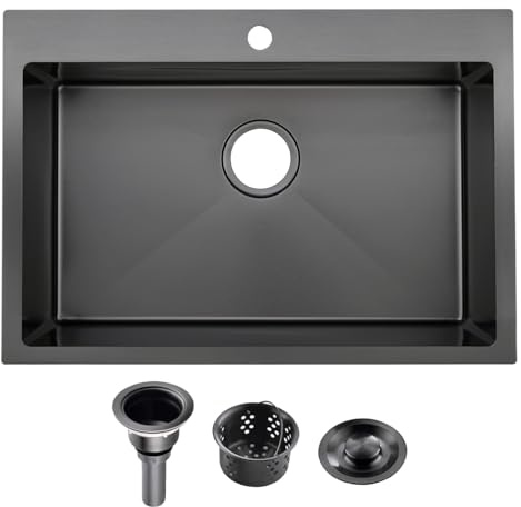 Friho 28x18 Inch Black Drop In Kitchen Sink, Stainless Steel Square RV Laundry Utility Sink, 28 Inch Topmount Deep Single Bowl Kitchen Sink With Basket Strainer