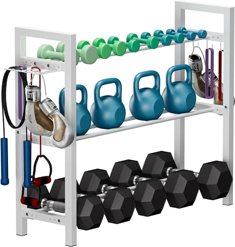 Ansionsol Adjustable Dumbbell Rack, Weight Storage Stand Holder for Dumbbells & Kettlebells, Heavy-Duty Metal Home Gym Workout Organizer with Hook for Gym Equipmen Accessories (Rack Only)