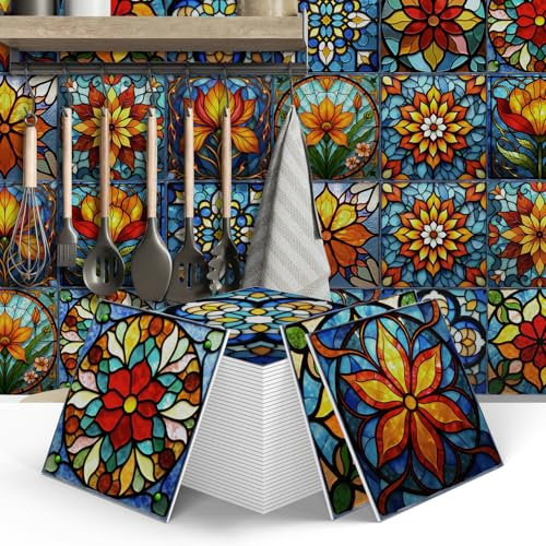 Tile Stickers Vintage Moroccan Wall Decal Sticker Adhesive Tile Art DIY Kitchen Bathroom Backsplash Floor Home Decor PVC Waterproof Oil Proof 6x6 Inches 12PCS
