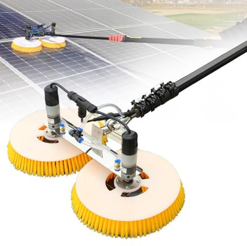 Solar Panel Cleaning Rotating Brush, 70cm Dual Head Photovoltaic and Solar Panels Water Fed Brush Electric Spin Scrubber Adjustable Water Fed Pole Cleaning Kit for Window Glass,9M/29.5FT