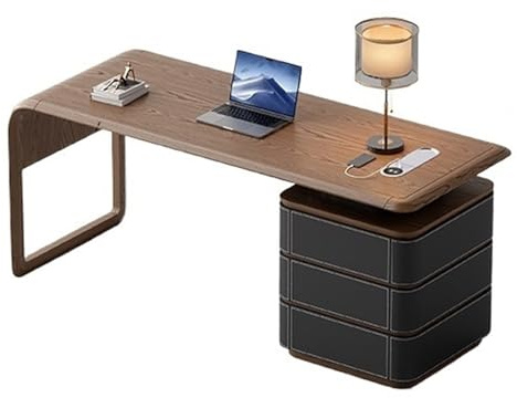 ZENGXJYCQINGJIANG Gaming Desk Home Office Desk with Storage and Charging Outlets, Modern Writing Workstation with Cabinet, Walnut(Black,M)