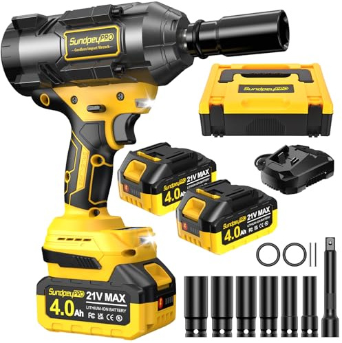 SundpeyPRO Avvitatore a Impulsi 1500Nm, 21V Avvitatori a Massa Battente Brushless con 2 Batterie da 4000mAh, 1/2 Avvitatore ad Impulsi 2800 RPM con 6 Bussole e Barra di Prolunga per Auto Casa Giallo