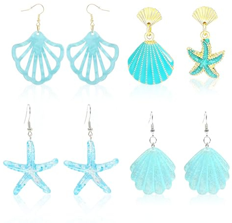 RAOPNHS 4 Paar Blaue Ohrringe Set, Ohrringe Damen Maritim Boho Vintage, Acryl Muschel und Seestern Ohrringe, Strand Sommer Schmuck Tropfen Ohrstecker, Elegante Sommer Ohrringe für Urlaub