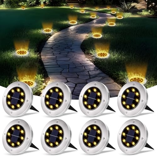 XUNIVERS 8 Pezzi Luci Solari da Giardino,8 LED Faretti Sepolta Solari a Led da Esterno,IP65 Impermeabile Lampade Faretto Solare da Terra per Prato Vialetto Cortile Strade Paesaggio,Bianco Caldo
