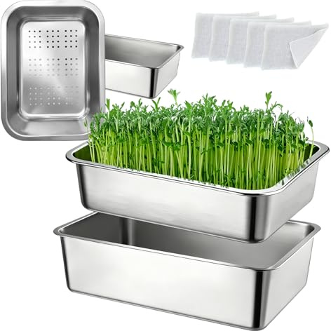 BRGD Juego de 2 Bandejas de Germinación, Bandejas de Acero Inoxidable para Cultivo de Brotes con Tela para Plántulas para Judías Verdes, Hierba Gatera, Vainilla y Perilla