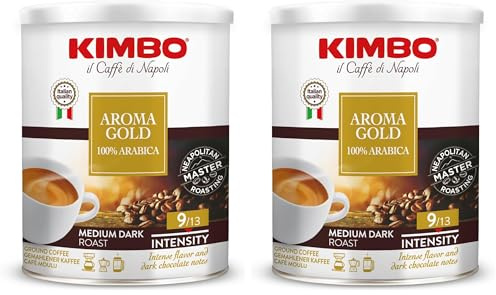 Kimbo Caffè Macinato, 250 gr, Miscela Aroma Gold 100% Arabica, Ideale per Moka, Intensità 9/13, Tostatura Medio-Scura, Premium Selection, Barattolo in Metallo (Confezione da 2)