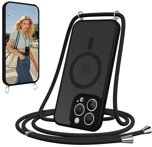 Olgary Coque Magnétique pour iPhone 12 avec Cordon,[Compatible avec MagSafe] Etui Translucide Mat Arrière Antichoc Réglable Portable Lanyard Case Protection,Noir
