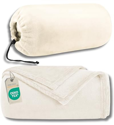 INSPINOVIA Reisedecke beige 150 x 200 cm 2in1 mit Tasche | Decke fürs Auto | Campingdecke Ultraleicht | Outdoor Decke | Flugzeugdecke | Fleecedecke