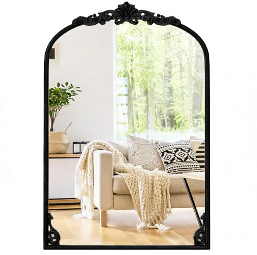 COSTWAY Decorative Wall Mirror, Vintage Ornate Baroque Arched Mirror with Hanging Hooks, Metal Frame Accent Wall Mounted Vanity Mirrors for Hallway, Living Room and Bedroom (Black, 76 x 51cm)