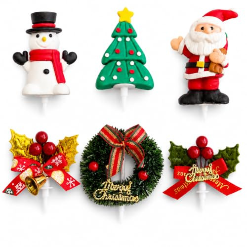 Christmas Cake Toppers Set of 6 | Festive Xmas Cake Decorations Santa Snowman Tree Wreath Holly | Cupcake Topper Picks for Christmas Pudding | Secure 4cm Stick | Party Baking Decoration