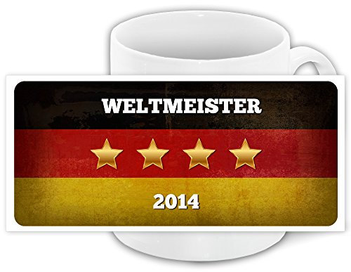 Deutschland-Tasse Weltmeister 2014 mit Flagge, Text und Sternen, weiss | Freundschafts-Tasse | Fußball-Tasse