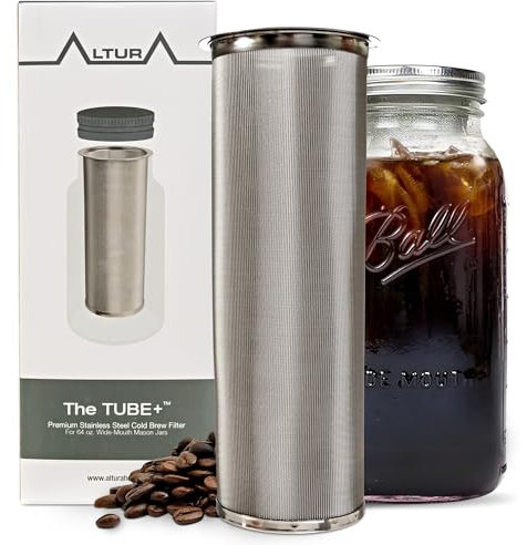 Altura The TUBE+ Cold Brew Coffee Maker and Tea Infuser for Wide Mouth Mason Jars - Stainless Steel Cold Brew Filter Strainer for Iced Coffee, Fruit Water & More - (64oz/2qt)