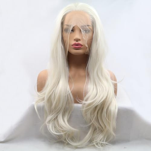 Xiweiya Cosplay-Perücke, lang, natürlich, gewellt, Platinblondes Haar, Kunsthaar, Lace-Front-Perücke, weiß, 61 cm