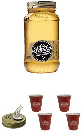 Ole Smoky Moonshine Butterscotch (40 proof) im 0,5 Liter Glas + Ole Smoky Ausgiesser + Ole Smoky Shot Becher rot 2 Stück + Ole Smoky Shot Becher rot 2 Stück