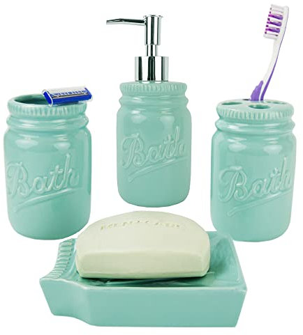 Home Basics Beautiful Rose 4 Pcs Dolomite Mason Jar Durable Bath Accessory Set-Decorative Lotion Dispenser/Dish/Tumbler/Toothbrush Holder (Mint) Decorating Idea