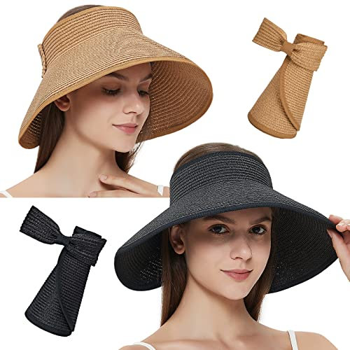 MAYLISACC 2 Piezas de Sombreros de Visera Mujeres, Sombrero de Sol Enrollable con Elegante Bowknot, Visera de Paja de ala Ancha Verano, Caqui y Negro