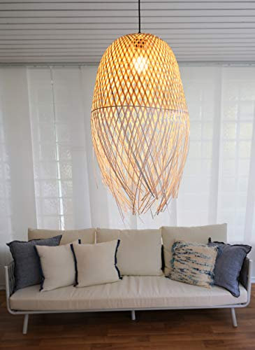 BOURGH Bambus Lampe LADISPOLI - Lampe hängend mit Lampenschirm Bambus, 42 cm Durchmesser, korbgeflecht - Hängeleuchte Hängelampe Kronleuchter Deckenleuchte Pendelleuchte Schlafzimmerlampe Laterne