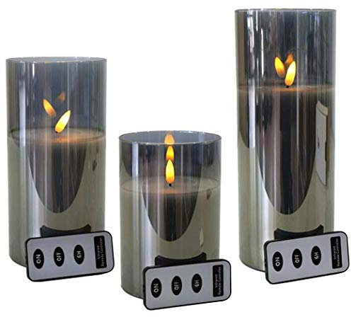 LED Kerzen im Glas - mit Fernbedienung & Timer - ⌀ 10 cm - Realistische & Flackernde Flamme - Weihnachten Kerzenset (Grau, 3er Sparset)