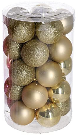 Confezione tubo 25 palline di natale in plastica oro da appendere per decorazione albero 6cm di diametro