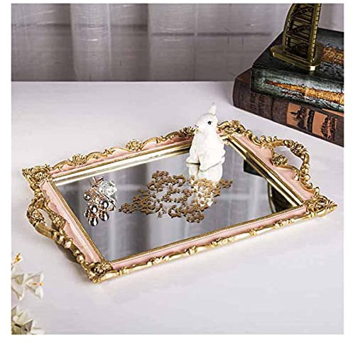 WKXCTS Plateau 33.5 * 25.5 * 4 cm Résine Bijoux Bijoux Rose Inlaid Gold Mirror Service Plateau Maison Bijoux Accueil Décoration Maison