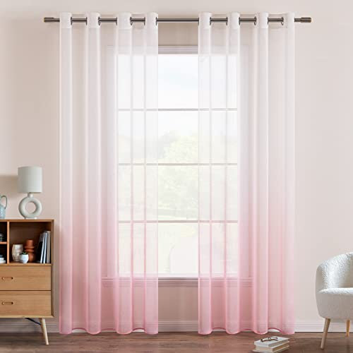 EMEMA Gardinen Transparent Vorhänge Voile Sheer Vorhang mit Ösen Farbverlauf Dekoschal Fensterschal für Schlafzimmer und Wohnzimmer 175 cm x 140 cm(H x B) 2er Set Weiß Rosa
