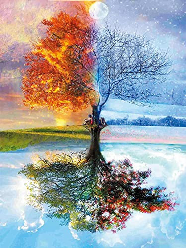OWN4B Kit de broderie au point de croix estampillé, motif imprimé arbre des quatre saisons, 11CT 36,1 x 46 cm