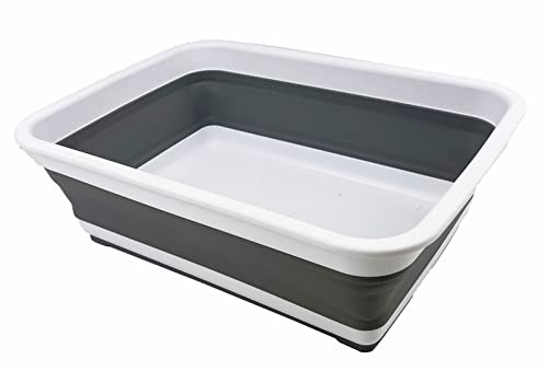 SAMMART - 8L Collapsible Tub - Foldable Dish Tub - Portable Washing Basin - Space Saving Plastic Washtub (White/Grey, 1)