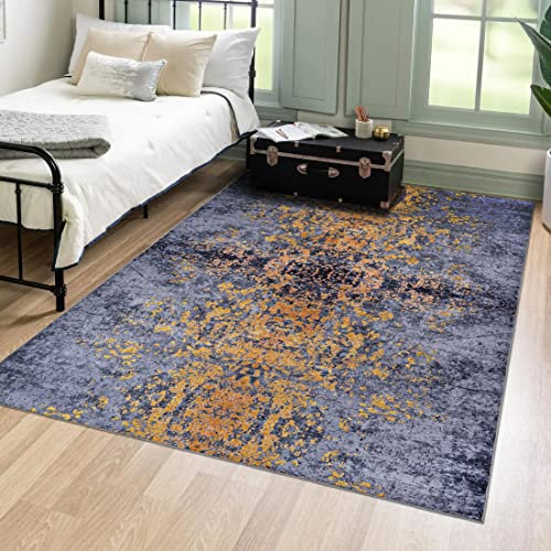 Mazovia Orientalisch Vintage Teppich - Kurzflor Waschbar - Weich Traditioneller Teppich für Wohnzimmer, Schlafzimmer, Esszimmer – Oriental Teppiche - Grau Gold 80 x 150 cm