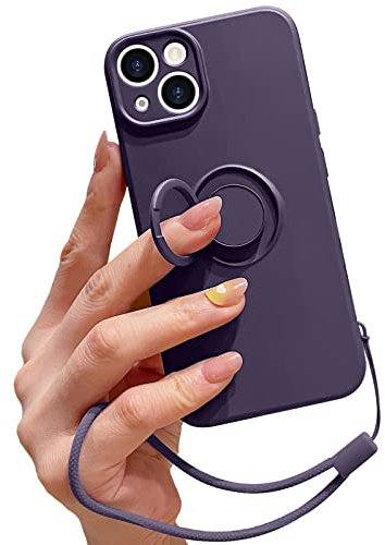 Pepmune Coque pour iPhone 14 Plus en Silicone Liquide avec Anneau De Support,Support Magnétique De Voiture,Dragonne Amovible,Résistante Aux Chocs,Coque De Protection-Violet Foncé