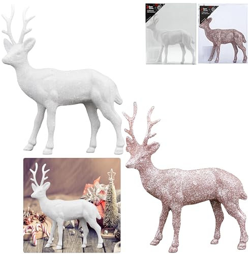 HOVUK Weihnachts-Rentier Deko-Figuren, 17 cm, stehender Hirsch, Ornament für Weihnachten, Tischdekoration und Geschenktüten (2 Stück Rentier (1 x Roségold & 1 x Weiß))