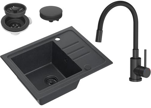 VBChome Spülbecken Granit Schwarz mit Armatur 55 x 44 cm Einzelbecken Einbauspüle Gesprenkelt Reversibel Granitspüle Schwarz Siphon Waschbecken Schwarz Matt Armatur mit Flexiblem Auslauf
