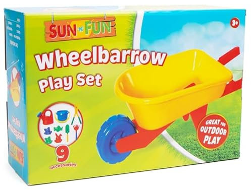 FAHAAM Kids Wheelbarrow Garden Toy Beach Sand Toy with Wheelbarrow, Bucket Shears, Watering Can, Trowel, Rake And 4 Moulds Outdoor Sand Toy Gift for Kids Children