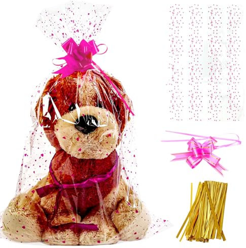 Cisolen 20Pcs Cellophane Basket Bags, Clear Hamper Wrap Bag with Pull Bows Ribbon and Twist Ties, Large Present Bags Set for Gift Packaging Arts Crafts Toys Fruit Christmas Making