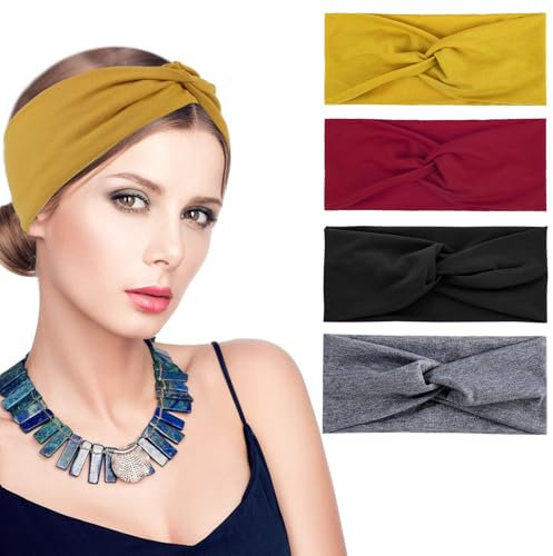 4 Stück Damen Boho Stirnbänder, Elastische Haarband Breite Verknotet Haarreifen Knoten Kopfband Verdrehtes Kopf Wickeln Yoga Twist Haarschmuck Sport Turban Damen Haarbänder für Frauen Mädchen