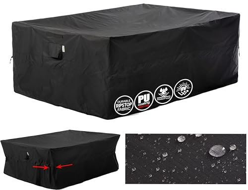 F&J Outdoors Gartenmöbel Abdeckungen Wasserdicht Patio Tisch Abdeckung Cinched Taille Lagerung Abdeckung Winddicht Rechteckige Schutzhülle Heavy Duty Tear Resistant Schwarz,274x208x84cm
