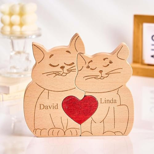 Personalisiertes Holzkunstpuzzle der Katzefamilie mit 1-8 Namen, Holz Katze Skulpturen Desktop Ornament Weihnachts Home Tischdekoration, Geschenk für Familie, Oma, Opa Mama, Papa
