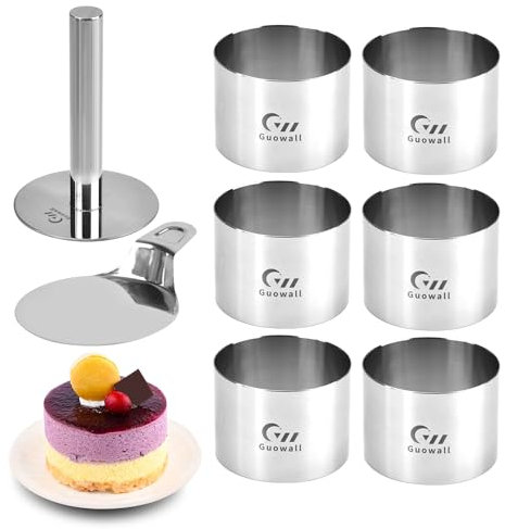 Guowall Cake Rings Set, Stainless Steel Seamless Dessert Moulds for Crumpets Mousse Pastry Desserts, 6 x Presentation Mould Rings (3 inch/7.6 cm) | 1x Food Press & 1 x Spatula