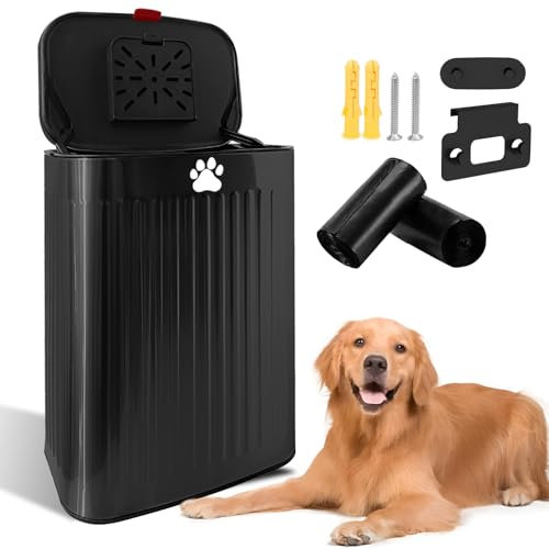 Kopuncare Dog Poop Trash Can Outside Wall Mounted, 2.1Gal Small Outdoor Trash Can with Lid, Dog Waste Trash Can Hanging on Fence, Dog Waste Container with 40 Bags, Inner Waste Bin, Black