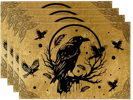 Artoid Mode Gold Schwarz Wikinger Rabe Helm der Ehrfurcht Platzsets 4er Set, 30x45cm Urlaub Tischsets Platzdeckchen Küche Party Deko