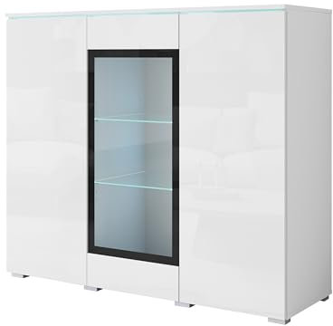 MINIO go for it - Buffet Salle a Manger Veve, Buffet Haut 120 cm Longueur, Meuble Vitrine Blanc Laqué/Blanc Mat - sans éclairage LED
