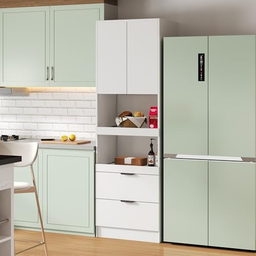 Merax 200cm hohe Küchenschränke, Multifunktionsschränke, Mikrowellenregale, Küchenhochschrank mit Auszugslaufbrett, Hochschränke mit Kippschutz, Weiß