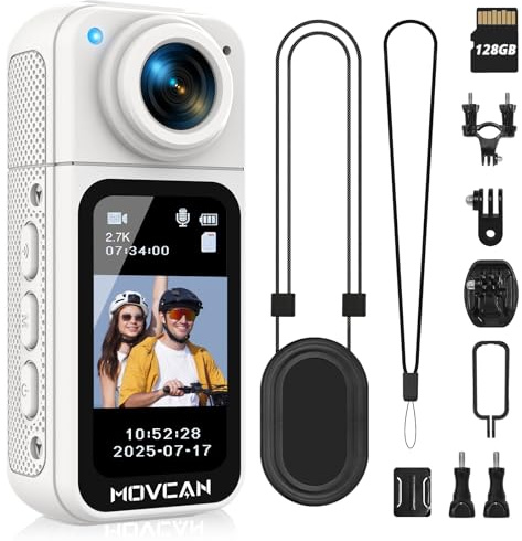 Movcan S70 Body Kamera mit Audio- und Videoaufnahme, HD 1080P Body Cam mit 180° drehbarem Objektiv, 128GB Body Worn Camcorder, für Arbeit Reisen (Weiß)