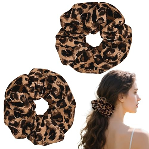 2 Stück Braun Leopard Scrunchies,Leopardenmuster Haargummi,Leopardenmuster für Damen,Groß Leo Elastisch Haarband,Scrunchies Ohne Haarbruch,Stoff Haargummis,für Mädchen Dickes Haar Und Dünnes Haare