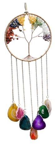 Shuqio Acchiappasogni Albero della Vita con 7 Chakra in Agata Naturale Intrecciata, Decorazione a Parete e Finestra Multicolore, Idea Regalo Spirituale per Benessere Energetico, 45cm x 16.5cm
