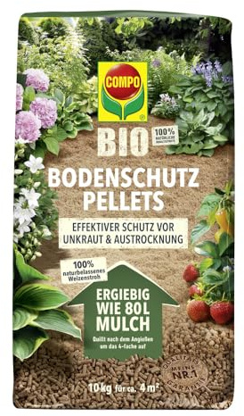 COMPO Bio Bodenschutz Pellets 10 kg für 4 m², 100% Weizenstroh | Schützt vor Austrocknung und hemmt Unkrautwuchs, hohe Reichweite, natürlicher Gartenmulch, 50% weniger Gewicht