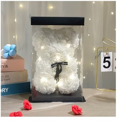 GIVBRO Rose Flower Bear with String Lights Artificial Bear in Clear Box Birthday Gift for Women, Birthday, Mom, Girls Home Decor 25cm (White)